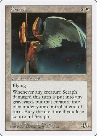 Angel creature card art, dark blue and white, with text box below.