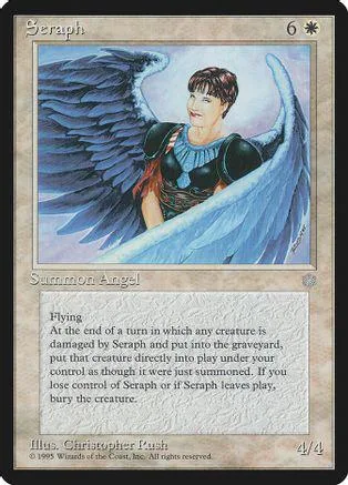 Winged figure in blue and black, Seraph card art, white border.