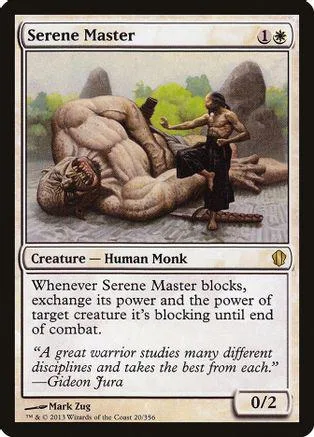 Human monk figure rests near large stone, serene master card art.
