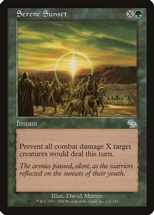 Fantasy battle scene under a bright sunset on a Magic: The Gathering card.