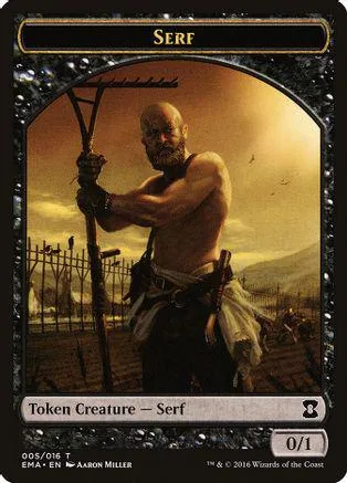 Bald man with pitchfork stands in field under dramatic sky. Card art.
