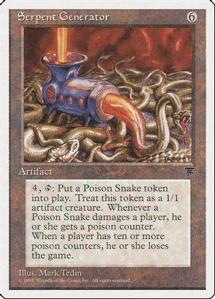 Blue and orange serpent generator artifact card with coiled snakes.