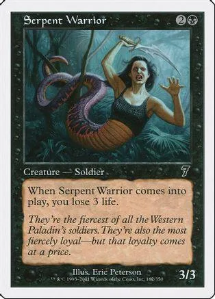 Serpent Warrior card art: woman with serpent, dark green background.
