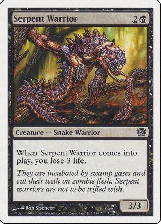 Purple, spiky snake warrior creature card art with text box.