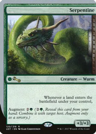 Green serpentine creature on a card, showing creature type and stats.