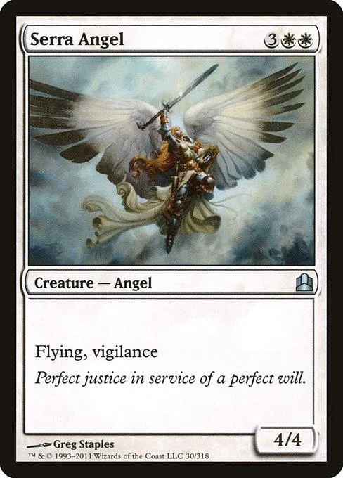 Angel creature card art, white and gold tones, showing winged warrior with sword.