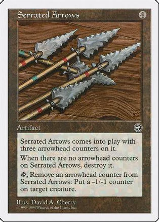 Three silver, serrated arrows crossed on a brown wooden background.