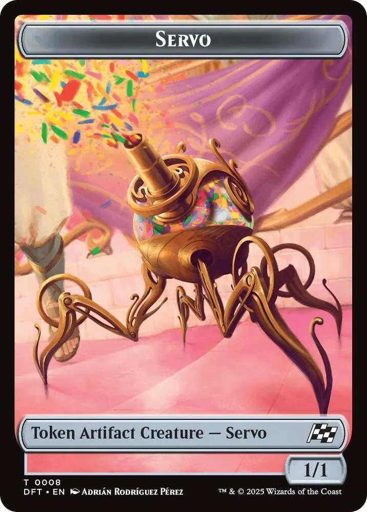 Bronze mechanical creature with cannon on pink and purple background.