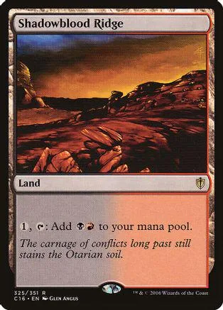 Fantasy landscape card art, brown and orange tones, Shadowblood Ridge land.