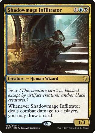 Dark hooded wizard figure on a stone staircase, black and blue card art.