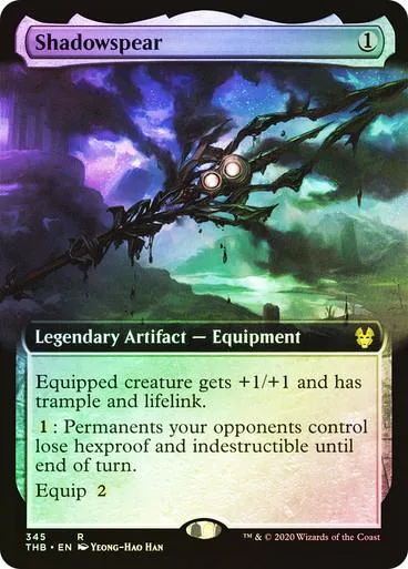 Magic: The Gathering card, "Shadowspear," featuring dark, spiky branches against a purple sky.