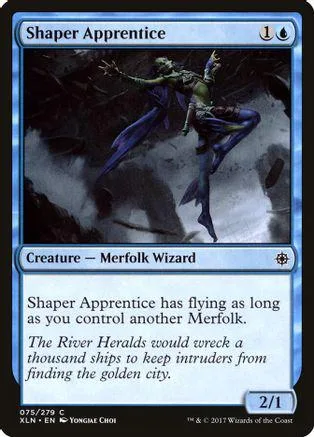 Merfolk wizard creature card art, dark forest setting, blue and green tones.