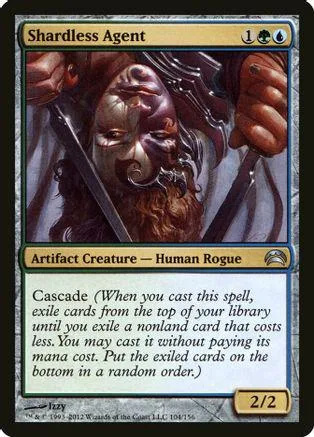 Dark, bearded figure on a Magic: The Gathering card, Shardless Agent.