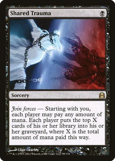 Magic: The Gathering card, "Shared Trauma," featuring dark, chained imagery.