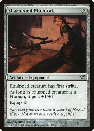 Card art: woman in dark dress with curved blades in dimly lit room.