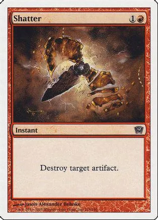 Dark, metallic axe striking through glowing, fiery energy on a card.