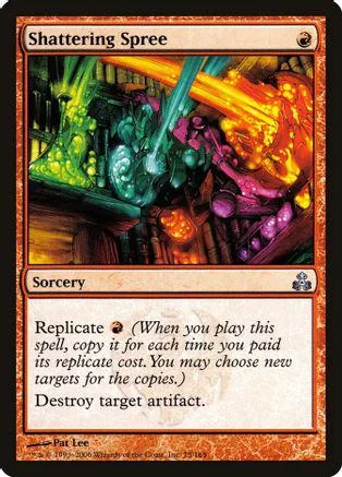 Magic: The Gathering card, Shattering Spree, vibrant chaotic art, orange border.