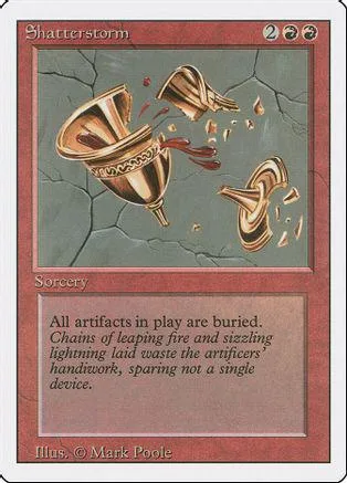 Metallic horns shatter on cracked green background. Magic card art.