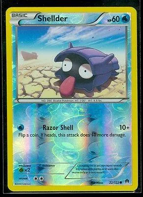 Purple shell Pokémon card, Shellder, with blue and yellow border.
