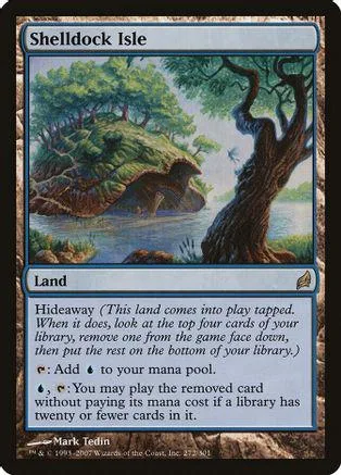 Green island landscape card art, "Shelldock Isle," showing trees and water.