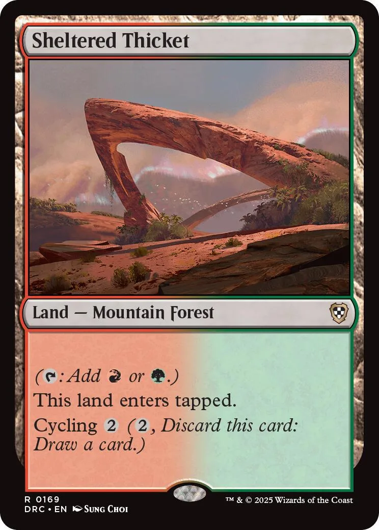 Card art shows red rock arch over arid landscape. Land type, text visible.