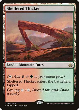 Card art shows a large red rock arch over a forested landscape.