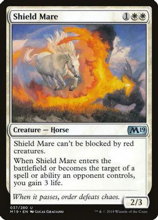 White horse charging through fire on a Magic: The Gathering card.