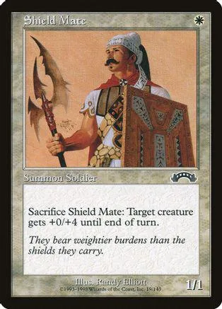 Card art shows man in armor holding shield and axe. Beige and brown tones.