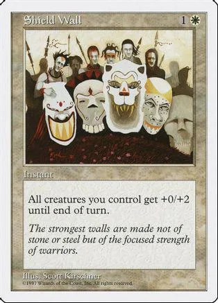 White and brown Magic: The Gathering card, Shield Wall, showing warriors.