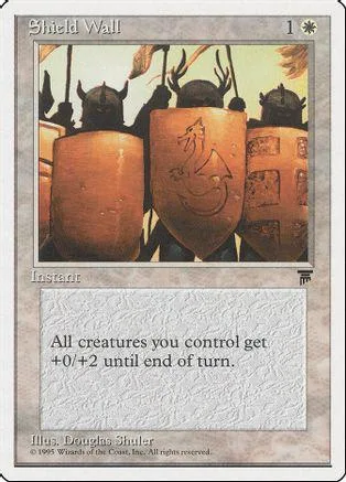 Card art shows warriors with shields. Text reads: "All creatures you control get +0/+2.