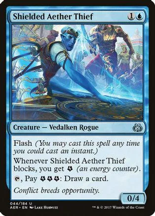 Blue and white card art featuring a rogue character in action. Shielded Aether Thief.
