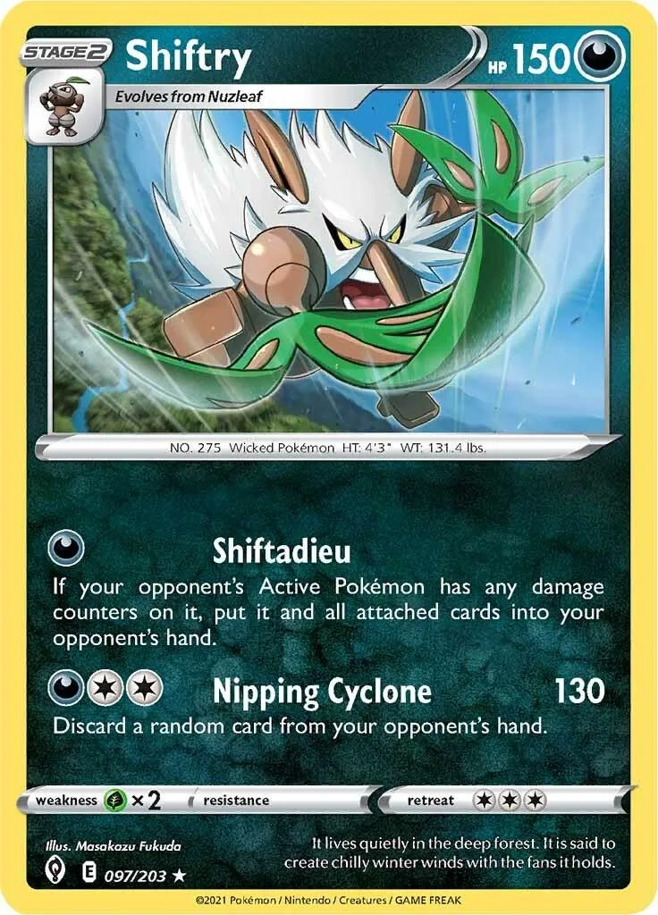 White and green Pokémon card, Shiftry, with HP 150 and attack details.