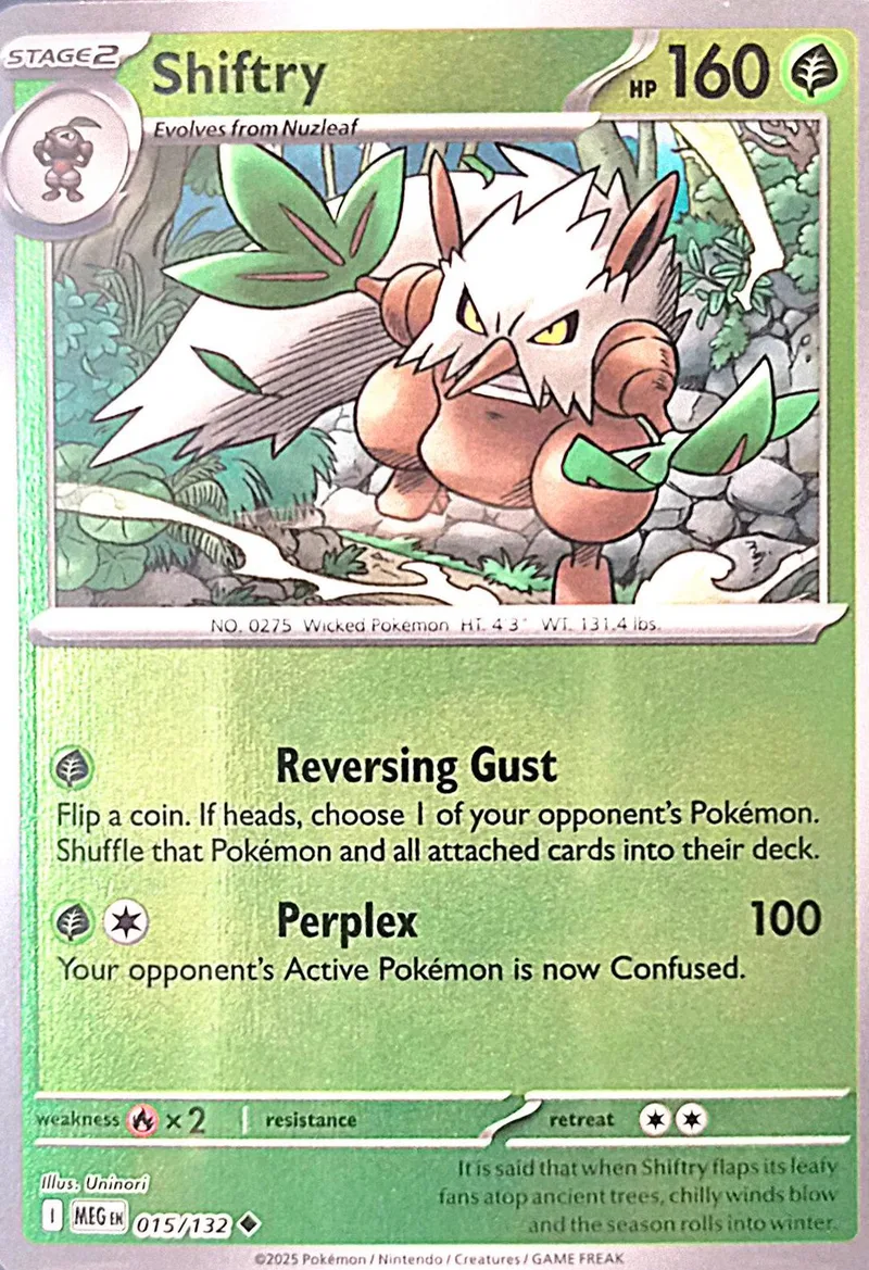 White, spiky Pokémon with green leaves, on a green card.