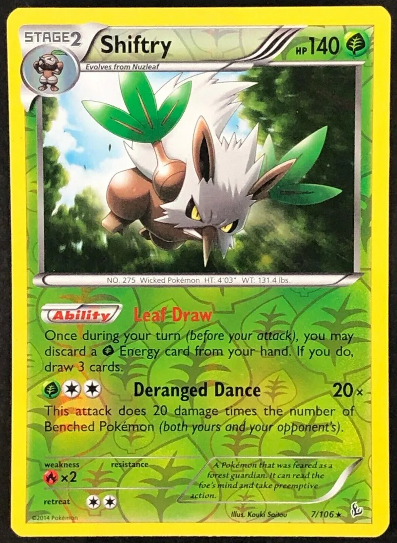 White and gray Pokémon card, Stage 2 Shiftry, green leaf motif, HP 140.