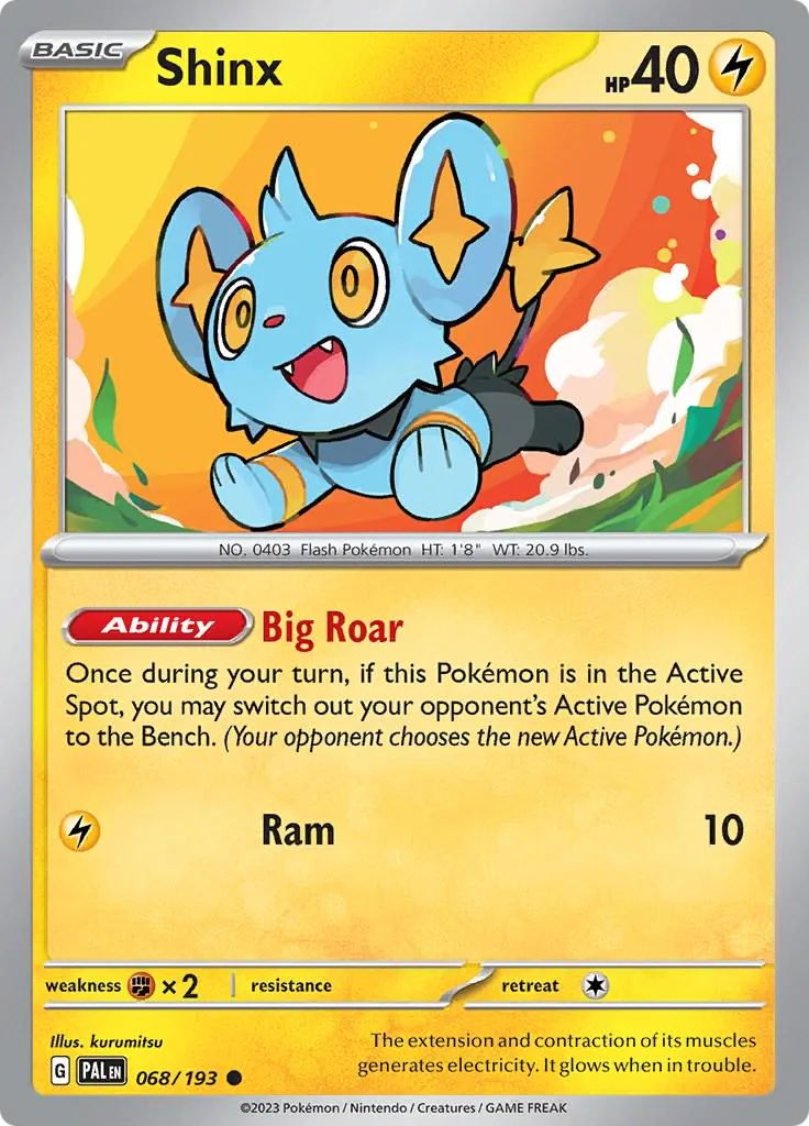 Blue and yellow Shinx Pokémon card with "Big Roar" ability text.