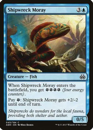 Red and green moray eel in dark, watery environment on a trading card.