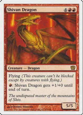Yellow dragon creature card art, featuring a fierce, golden dragon against a red background.