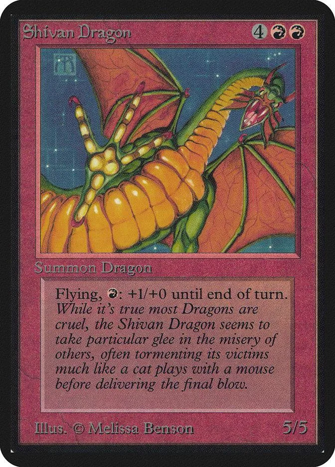 Dragon creature card, orange and green, in black frame.