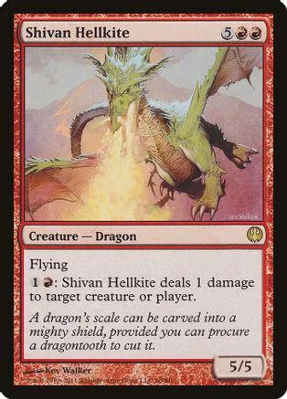 Green dragon creature card with fiery breath, showing stats and ability text.