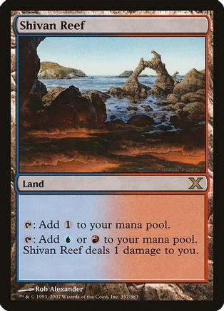 Blue and brown landscape card featuring a sea arch and rocky shore.