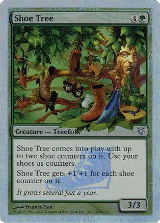 Green tree creature card with brown and green foliage. Card shows text and stats.