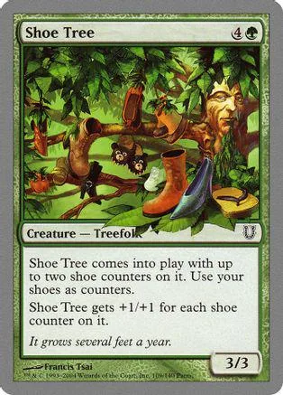 Green tree creature card with brown and green foliage. Text describes its abilities.