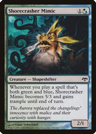 Creature card: Shorecrasher Mimic, dark teal and gold art, 2/1 stats.