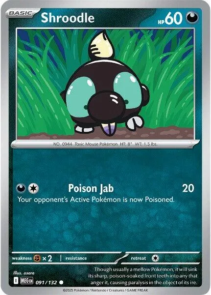 Black and white cartoon Pokémon with green background, showing "Shroodle" card.