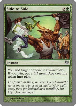 Green and brown ape characters arm wrestling on a green field. Magic: The Gathering card.