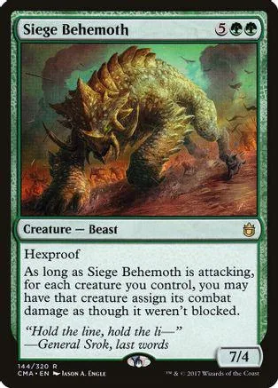 Large, green and brown monster creature card art. Siege Behemoth, 7/4.