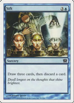 Blue and white Magic: The Gathering card, "Sift," featuring three faces.