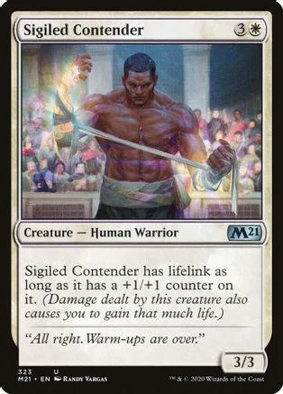 Human warrior card, Sigiled Contender, blue and white colors, M21 set.