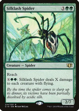 Black and white spider creature card art on green and black card frame.