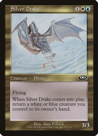 Silver Drake Magic: The Gathering card, dark dragon flying over water.